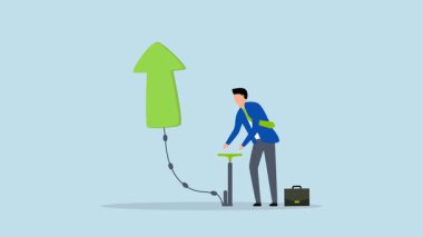 Büyüyen iş dünyası, iş adamının 4k animasyonu bir hava pompasını şişiriyor..