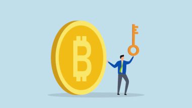 Bitcoin ile özel anahtara sahip iş adamının 4k animasyonu.