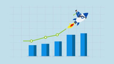 4k animasyon, iş adamının büyüme çizelgesi boyunca bir roketle seyahat etmesi