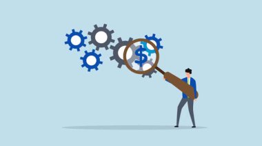 4k animasyon. Büyüteçle iş adamı animasyonu. Vites imalatından gelen dolarları inceliyor..