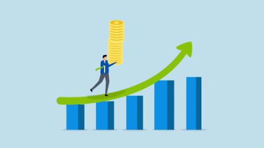 İş adamının 4k animasyonu madeni para yığını gezintilerini yukarı doğru büyüyen grafikler çizer