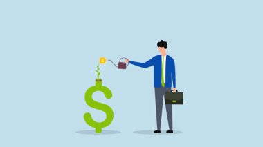 4k animasyon işadamı yetiştirme gelişmekte olan bitkiyi madeni para çiçeğiyle besleme.