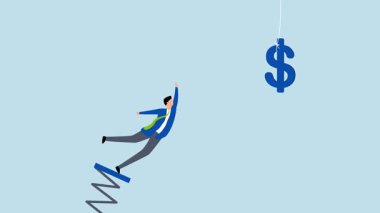 Dolar sembolü olan nakit parayı kapmak için sıçrayan iş adamının 4k animasyonu.