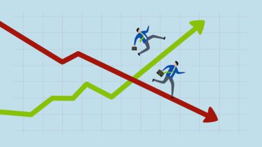 Kâr ve zarar, yükselen büyüme grafiği üzerinde hızla koşan girişimcinin 4k animasyonu ve azalan durgunluk grafiği.