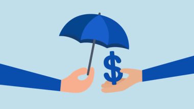 İş adamının 4k animasyonu dolar işaretini korumak için bir şemsiye sunar..