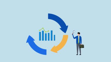 Ekonomik döngü diyagramında büyüteçle iş adamının 4k animasyonu.