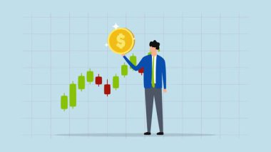 Borsa simsarı, iş adamının 4k animasyonu tablo ve grafiği incelerken dolar sikkesi ele geçirdi.