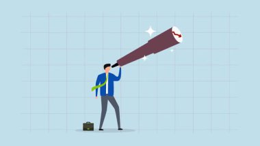 Ekonomik tahmin düşüşü, iş adamlarının 4k animasyonu teleskopla önlerindeki kırmızı ok grafiğine bakıyor.