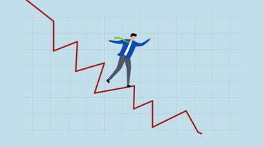 Piyasa düşüşüne yatırım yapan işadamı hokkabazının 4k animasyonu, kıpkırmızı trend çizelgesinde geziniyor.