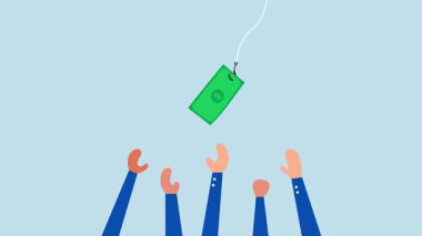 4k animasyonu, bir dolar banknotuyla balık yemi yakalamaya çalışan iş adamının elini uzatır..