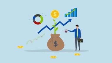 Artan bir finansal grafik ile nakit yetiştiren girişimcinin 4k animasyonu.