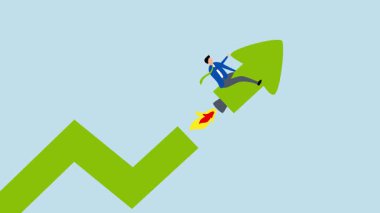 4k animasyon roket itişli yükselen bir ok üzerinde yükselen girişimci.