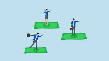 Uçan para banknotlarına binen iş adamlarının 4k animasyonu.