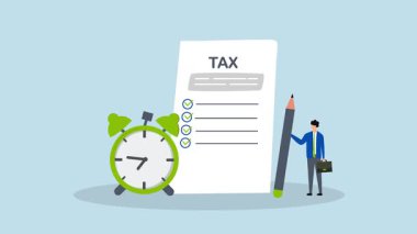 Vergi zamanı hatırlatıcısı, iş adamlarının vergi evrakları ve saatle birlikte kalem tutmasının 4k animasyonu.