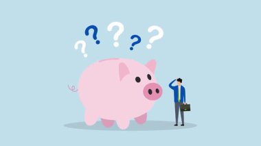 Finans sorusu, kafası karışmış girişimcinin bankayı elinde tutmasının 4k animasyonu ve soru işaretleriyle çevrili olması..