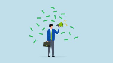 Referans pazarlama, iş adamlarının megafon para banknotları üzerine konuşmalarının 4k animasyonu.