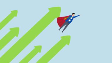 İşletme başarıya doğru ilerliyor. İş adamı süper kahraman yükselen bir okla gökyüzünde süzülüyor..