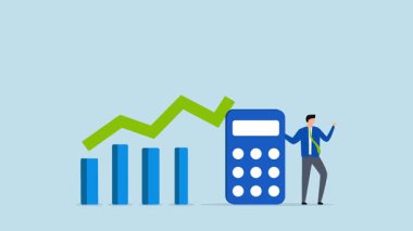 İş adamı elinde bir hesap makinesi tutuyor ve artan bir okla büyüme tablosuna bakıyor..