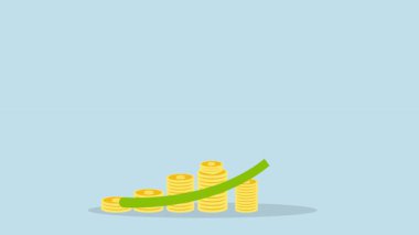 Finansal başarı, başarı bayrağı taşıyan bir işadamı bir yığın paranın üzerinde durmak borsa gelir fikrini simgeler..