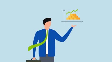 Altın yatırımı, grafiklerde altın külçeleri yükselen iş adamı yatırımcısı.