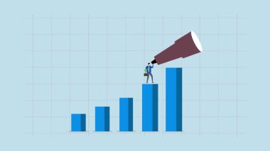 İş tahminlerine göre, zeki iş adamlarının 4k animasyonu yükselen grafiğe odaklanmış büyük teleskopu inceliyor.