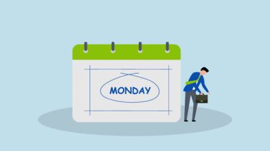 Pazartesi Blues, yorgun ve uykulu iş adamının 4k animasyonu. Pazartesi 'yi gösteren bir takvimle ofise gidiyor..