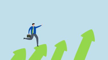 İş büyümesi ve kariyer yolu, garantili girişimcinin 4k animasyonu büyüyen ok merdiveni aşamaları veya yükselişi.