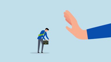 Başvuru reddedildi, kederli girişimcinin 4k animasyonu olumsuz el sinyaliyle reddedildi.