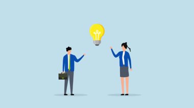 Problemi çözmek için parlak bir fikir, iş adamının 4k animasyonu ve parlak ampul konseptiyle beyin fırtınası yapan bir iş kadını..