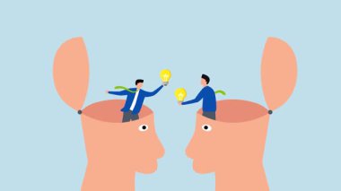 İş adamının 4k animasyonu insan zihninin tepesinden ticari aydınlanma kavramlarına açılıyor.