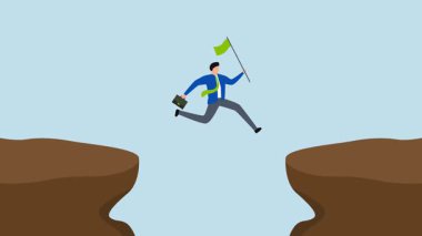 Motive olmuş iş adamının 4k animasyonu iş hedefine ulaşmak için uçurumdan atlıyor.