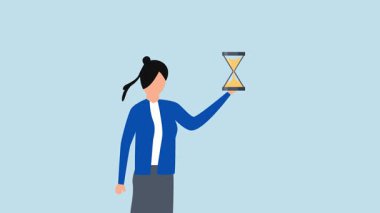 İş projesinin son teslim tarihi, iş kadını yöneticisinin zamanlayıcı ya da geri sayım aygıtı olarak kum saatini kavramasının 4k animasyonu.