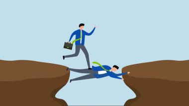 Yetenekli iş adamlarının 4k animasyonu diğerlerinin uçurumdan geçmesi için bir insan köprüsü görevi görüyor..