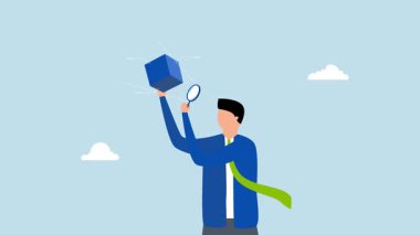 Pazarlama araştırması, iş adamının 4k animasyonu yüzen bir küpü incelemek için büyüteç kullanıyor.