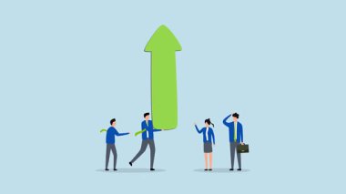 İş büyümesi ve düşme riski, iş adamının 4k animasyonu bir meslektaşıyla birlikte yukarı doğru büyük bir ok tutuyor.