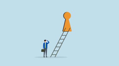 İş fırsatı, iş adamının gizli anahtar deliğinden merdivene tırmanmasının 4k animasyonu..