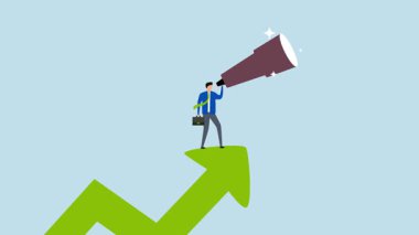 İş fırsatı, girişimcinin 4k animasyonu büyük teleskop dürbünleri kullanarak yukarı doğru ok şeklinde yükseliyor