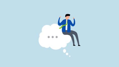 Çözümü düşün. Düşünceli bir iş adamının 4k animasyonu. Düşünce bulutundaki bir filozof gibi tünemiş..