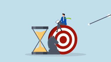 İş stratejisi, iş adamının bilgisayar kullanarak 4k animasyonu bir satranç şövalyesi ve bir kum saati ile bir hedefe oturuyor..