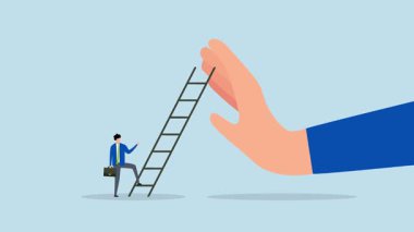 İş dünyasının önündeki engelleri aşmak için, iş adamlarının 4k animasyonu onu büyük bir engeli aşmak için merdivene tırmanmaya hazır..