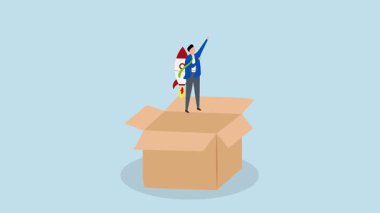 Kutunun dışını düşünün, iş adamlarının 4k animasyonu roket motoru kullanarak açık konteynırdan havalanır..