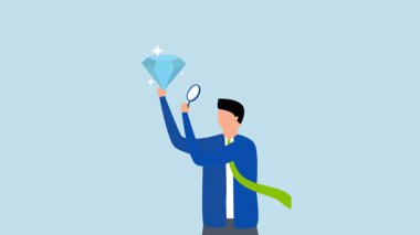 Nadir mücevher aranıyor, iş adamının 4k animasyonu eşsiz elmas mücevheri büyüteçle inceliyor..