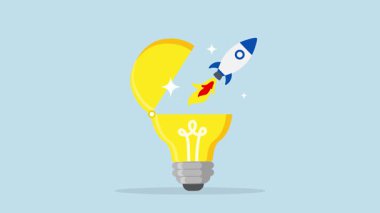 Yeni bir fikir üretmek için yenilik, 4k animasyon. Parlak bir fikrin ışıltısından yükselen yaratıcı roket fırlatması..