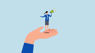 Çalışanları konuşmaya teşvik etmek, dev el animasyonunun 4k animasyonu iş kadını çalışanın megafonla kendini ifade etmesine yardımcı olur..