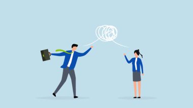 Farklı görüş, iş adamı ve kadın iş arkadaşının çözüme ulaşmak için farklı görüşleri tartışan 4k animasyonu.