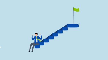 Başarısızlık korkusu, yıkılmış iş adamının 4k animasyonu hedefe ulaşmak için merdiven boşluğunda tek başına duruyor..