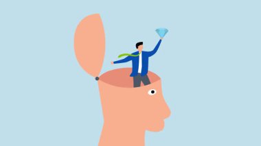 Kendini keşfetme, neşeli girişimcinin 4k animasyonu zihninde değerli bir mücevher keşfetti..