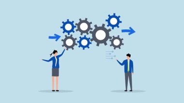 İş akışı yönetimi, girişimci liderin optimal sonuç için vites mekanizmasını geliştirmesinin 4k animasyonu.