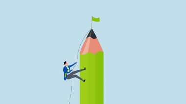 Zirvede zafer bayrağına ulaşmak için kalem dağına tırmanan genç bir sanatçının 4k animasyonu.