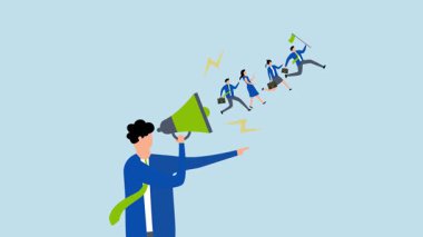 Çalışanları motive et, İdari Lider 'in 4k animasyonu ekibi ilerletmek için megafonla iletişim kurar..